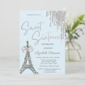Invitation Glitter Drips Eiffel Tower Bow Blue Sweet 16 (Debout devant)