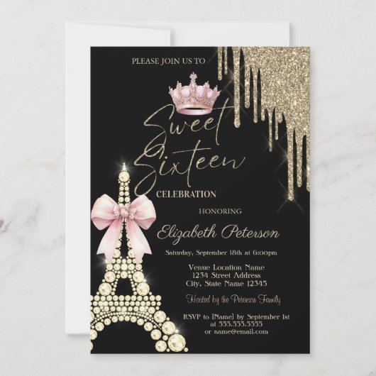 Invitation Glitter Drips,Eiffel Tower Bow Crown Sweet 16 (Devant)