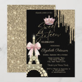 Invitation Glitter Drips,Eiffel Tower Bow Crown Sweet 16 (Devant / Derrière)