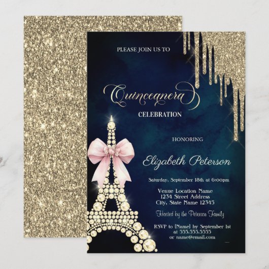Invitation Glitter Drips,Eiffel Tower Bow Navy Blue  (Devant / Derrière)