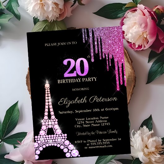 Invitation Glitter Drips,Eiffel Tower Diamonds 20th Birthday