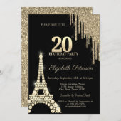 Invitation Glitter Drips,Eiffel Tower Diamonds 20th Birthday (Devant / Derrière)