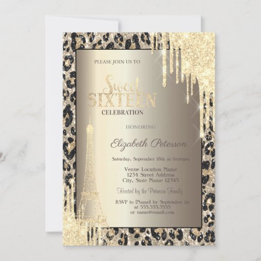 Invitation Glitter Drips, Eiffel Tower Leopard Print Sweet 16 (Devant)