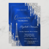 Invitation Glitter Drips, Eiffel Tower Royal Blue Quinceañera (Devant / Derrière)