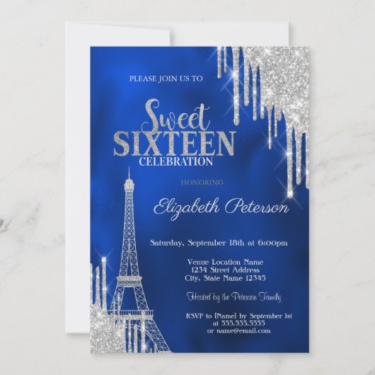 Invitation Glitter Drips, Eiffel Tower Royal Blue Sweet 16 (Devant)