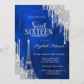 Invitation Glitter Drips, Eiffel Tower Royal Blue Sweet 16 (Devant / Derrière)