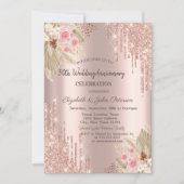 Invitation Glitter Drips,Fleur Rose Gold Mariage Anniversaire (Devant)