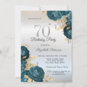 Invitation Glitter Drips Green Flowers Silver 70th Birthday  (Devant)