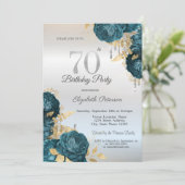 Invitation Glitter Drips Green Flowers Silver 70th Birthday  (Debout devant)