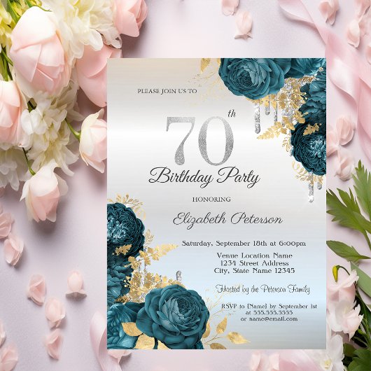 Invitation Glitter Drips Green Flowers Silver 70th Birthday 