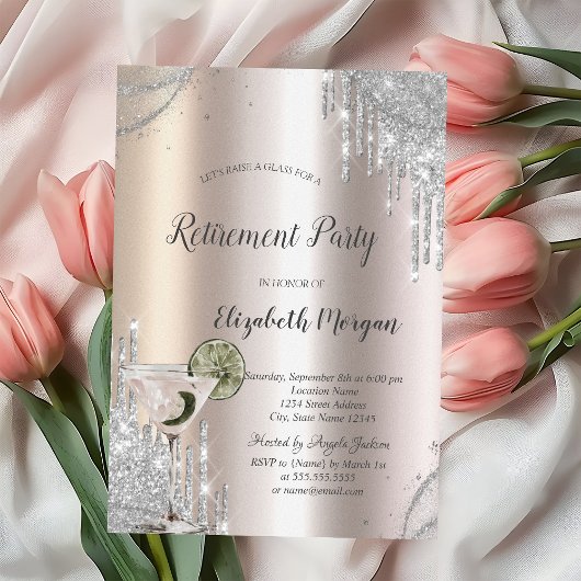 Invitation Glitter Drips Martini Rose Gold Retirement
