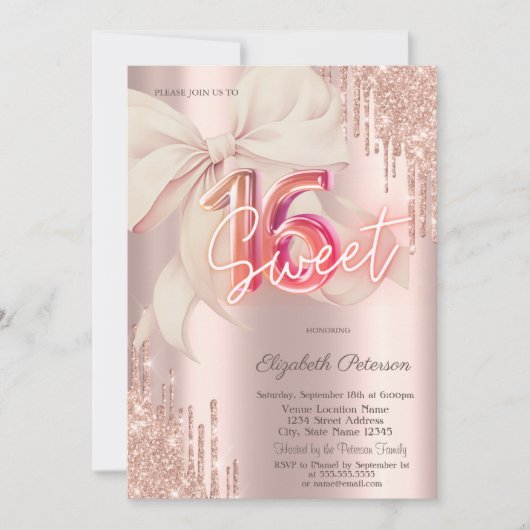 Invitation Glitter Drips Pink Bow Rose Gold Shiny Sweet 16 (Devant)