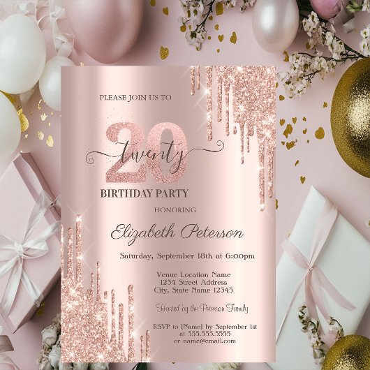 Invitation Glitter Drips Rose Gold 20th Birthday Party