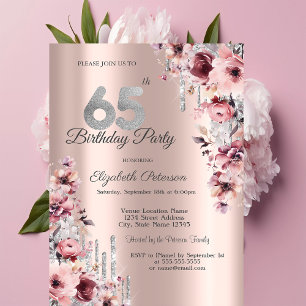 Invitation Glitter Drips Rose Gold Fleurs Roses 65e Anniversa