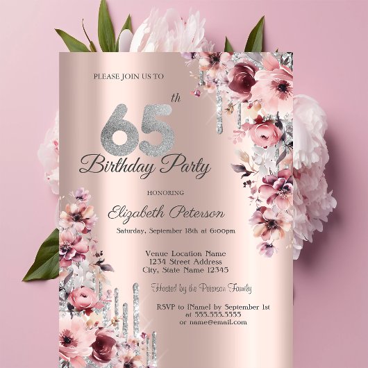 Invitation Glitter Drips Rose Gold Fleurs Roses 65e Anniversa