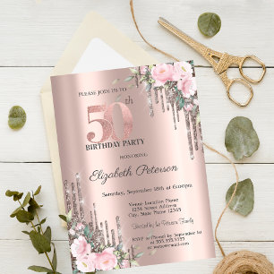 Invitation Glitter Drips Rose Gold Floral 50e Anniversaire