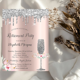 Invitation Glitter Drops,Glass, Floral Rose Gold Retirement