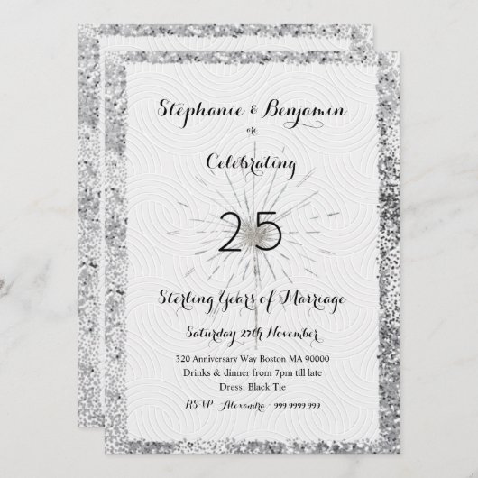 Invitation Glitter élégant chic 25e anniversaire argenté (Devant / Derrière)