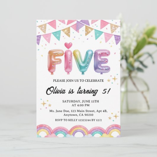 Invitation Glitter FIVE Girly Rainbow Sequin 5th Birthday (Debout devant)