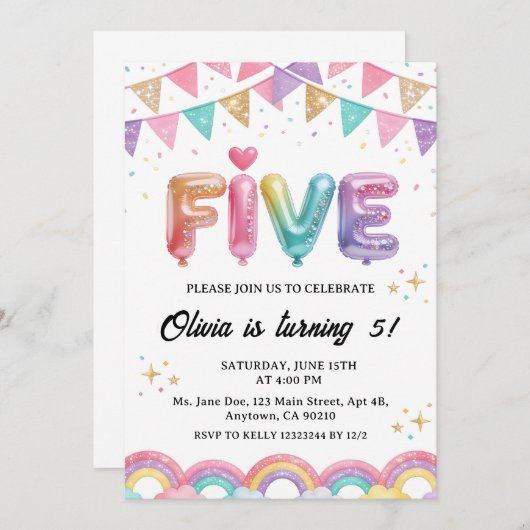 Invitation Glitter FIVE Girly Rainbow Sequin 5th Birthday (Devant / Derrière)