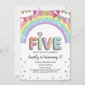 Invitation Glitter FIVE Girly Rainbow Sequin 5th Birthday (Devant)