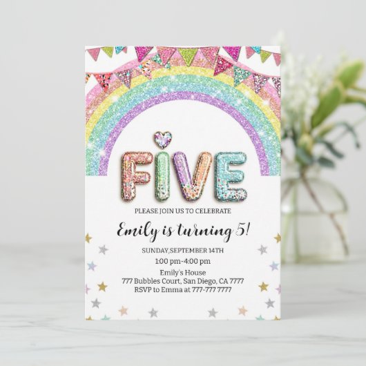 Invitation Glitter FIVE Girly Rainbow Sequin 5th Birthday (Debout devant)