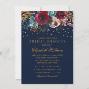 Invitation Glitter Floral Bordeaux Mariage Naval Fête de Mari