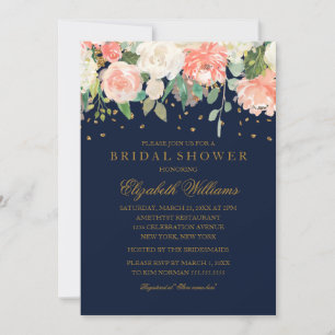 Invitation Glitter Floral Paillettes Mariage Peach Navy