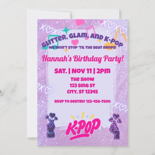 Invitation Glitter, Glam, & K-Pop Birthday Party (Devant)