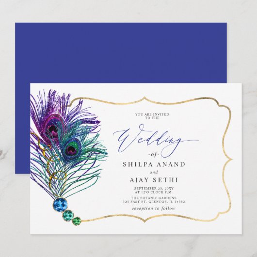 Invitation Glitter Gold Blue Purple Peacock Plume Wedding (Devant / Derrière)