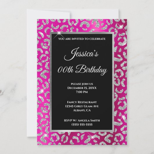 Invitation Glitter Léopard Argent Rose Chaud Anniversaire (Devant)