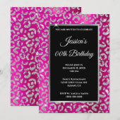 Invitation Glitter Léopard Argent Rose Chaud Anniversaire (Devant / Derrière)