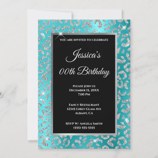 Invitation Glitter Léopard Argent Turquoise Bleu Anniversaire (Devant)