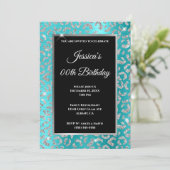 Invitation Glitter Léopard Argent Turquoise Bleu Anniversaire (Debout devant)