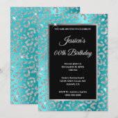 Invitation Glitter Léopard Argent Turquoise Bleu Anniversaire (Devant / Derrière)