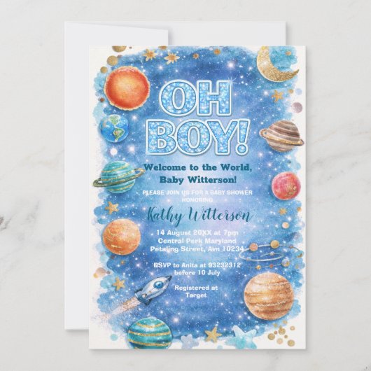 Invitation Glitter Moon Stars Galaxy Baby Shower (Devant)