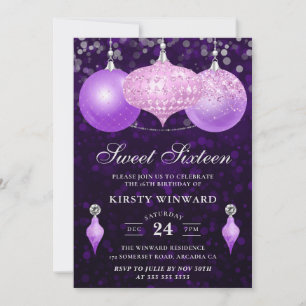 Invitation Glitter Pink et Violet Baubles Sweet Sixteen
