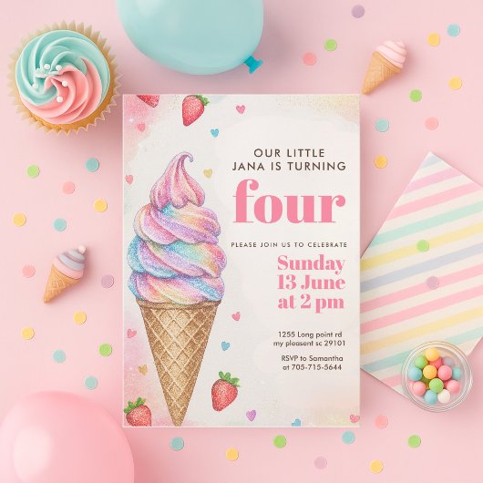 Invitation Glitter Rainbow Cône de Glace Anniversaire