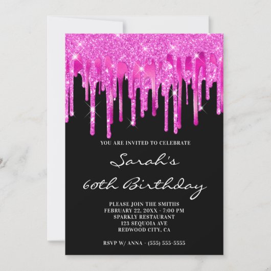 Invitation Glitter Rose Chaud Drips Noir 60e Anniversaire (Devant)