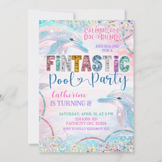 Invitation Glitter Sequin Fintastic Dolphin Birthday invitati (Devant)