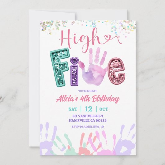 Invitation Glitter Sequin High Five Birthday (Devant)