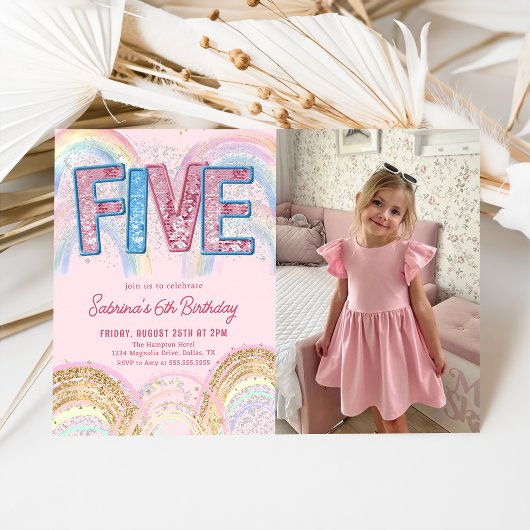 Invitation Glitter Sequin Rainbow 5th Birthday Photo