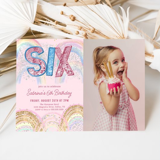 Invitation Glitter Sequin Rainbow 6th Birthday Photo