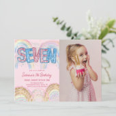 Invitation Glitter Sequin Rainbow 7th Birthday Photo (Debout devant)