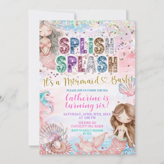 Invitation Glitter Sequin Splish Splash mermaid bash invitati (Devant)