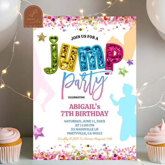 Invitation Glitter Sequins Girl Colorful Jump Birthday