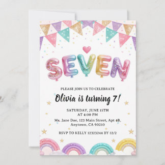 Invitation Glitter SEVEN Girly Rainbow Sequin 7th Birthday