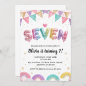 Invitation Glitter SEVEN Girly Rainbow Sequin 7th Birthday (Devant / Derrière)