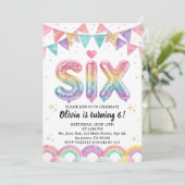 Invitation Glitter SIX Girly Rainbow Sequin 6th Birthday (Debout devant)