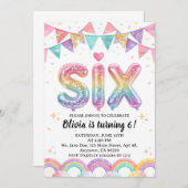 Invitation Glitter SIX Girly Rainbow Sequin 6th Birthday (Devant / Derrière)